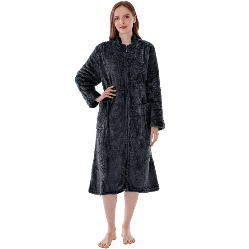 PAVILIA Womens Fluffy Housecoat Zip Robe, Faux Shearling Zipped Up Front Bathrobe, Plush Warm Zipper House Coat Lounger, 1 of 9