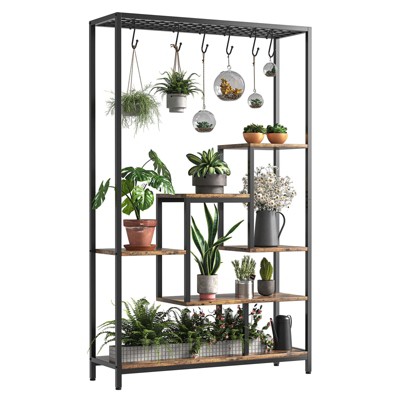GustoWave 5 Tier Tall Indoor Plant Stand, 70.9 Inch Large Metal Plant Shelf Rack with 6 Hanging Hooks, Iron and Wood Flower Display Rack