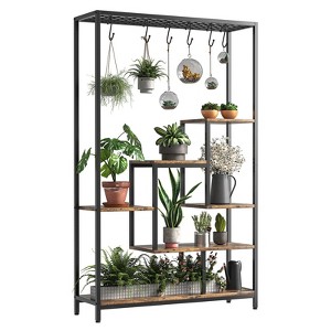 GustoWave 5 Tier Tall Indoor Plant Stand, 70.9 Inch Large Metal Plant Shelf Rack with 6 Hanging Hooks, Iron and Wood Flower Display Rack - 1 of 4