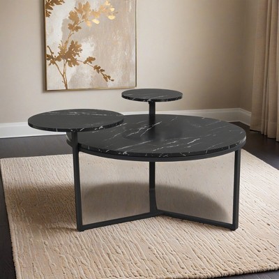 Modern coffee table with two display shelves, Black Faux marble surfaces, Tripod-inspired base,Rounded tabletop edges - Leovsnove