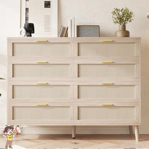 Jojoka Rattan Chest of 8 Drawers, Farmhouse Bedroom Dresser with Gold Handles, Mid Century Wood Storage Organizer for Entryway, Oak - 1 of 4