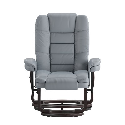 Gray Faux Leather Swivel Recliner with Ottoman and Wood Base
