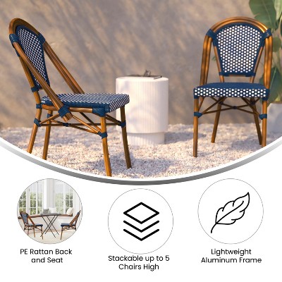 Navy and White Rattan Bistro Chairs with Bamboo Frame, Set of 2