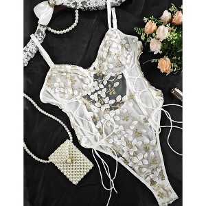 Womens One Piece Jumpsuits Lace Up Floral Top Mesh Sheer Embroidered Lingerie Bodysuit Tie Back - 1 of 4