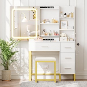 Acekool  Sliding Mirror Vanity Desk with Tri-Mode Mirror, Charging Station, Drawers & Stool for Bedroom - 1 of 4
