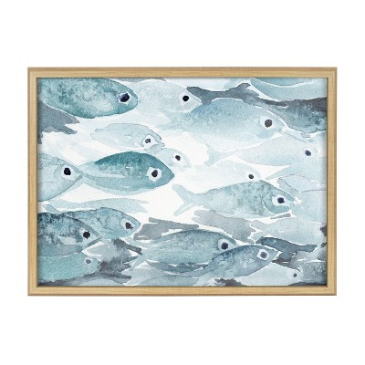 Natural Framed Blue Marine Life Glass Wall Art, 18x24