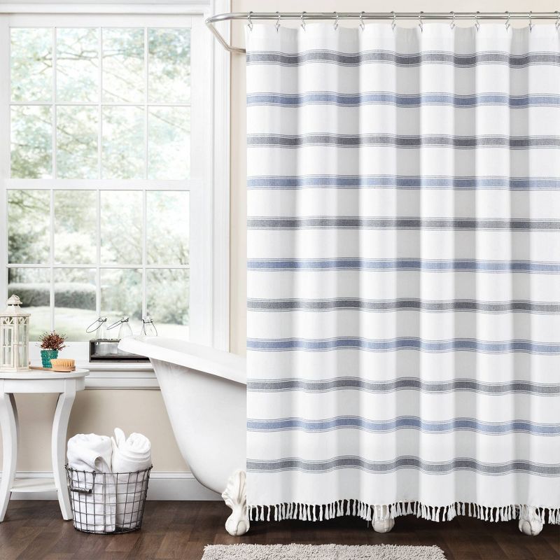 72&#34;x72&#34; Striped Woven Textured Yarn Dyed Eco-Friendly Recycled Cotton Single Shower Curtain Blue/White - Lush D&#233;cor, 1 of 7
