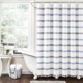 72"x72" Striped Woven Textured Yarn Dyed Eco-Friendly Recycled Cotton Single Shower Curtain Blue/White - Lush Décor