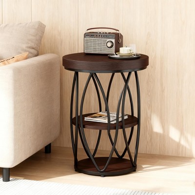 Gulches Industrial Round Side Table Black Geometric Metal Frame and Rustic Wood Top, 2-Tier Storage, Easy Assembly
