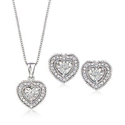Ross-Simons 0.20 ct. t.w. Diamond Jewelry Set: Heart-Shaped Earrings and Pendant Necklace in Sterling Silver