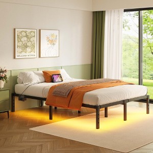 Greenstell Bed Frame with LED Lights & Charging Station, Metal Platform Bed with Headboard, Heavy Duty Metal Slats - 1 of 4