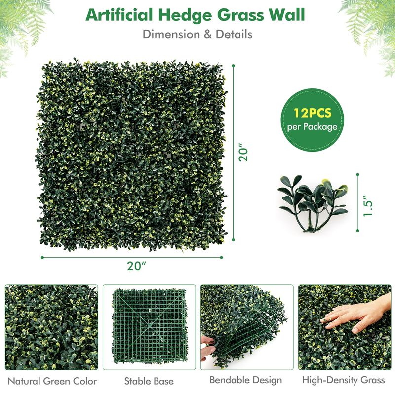 Costway 12Pcs Artificial Peanut Leaf Hedges Panels 20'' x 20'' Fence Wall Plant, 4 of 11