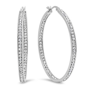 Steeltime Ladies stainless steel in and out simulated diamond hoop earrings. Color Options: Silver, Black - 1 of 4