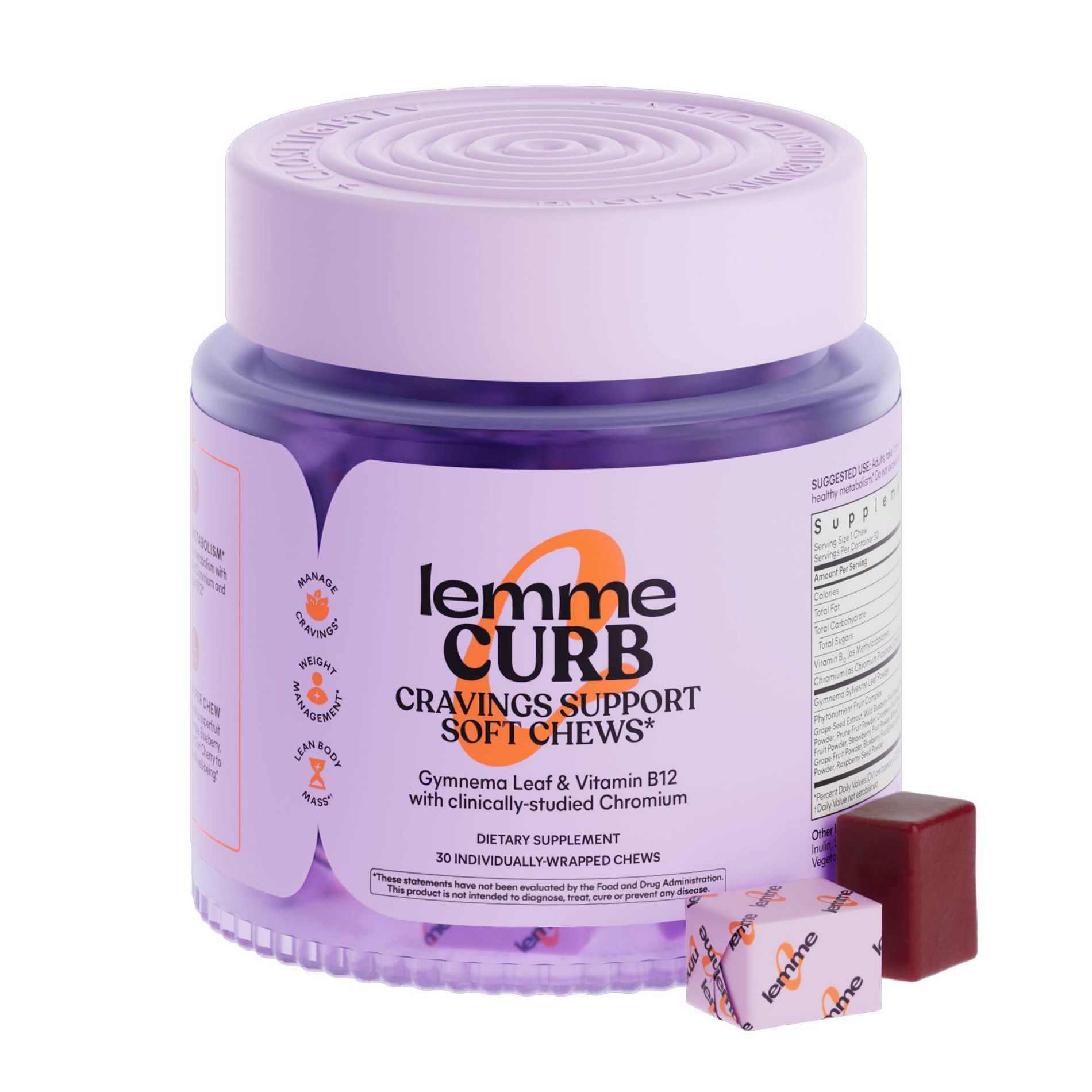 Lemme Curb Soft Chews - Craving Support, Chromax, Gymnema Leaf & Vitamin B12 - 1 Chew Daily - Mixed Fruit Flavored - 30ct