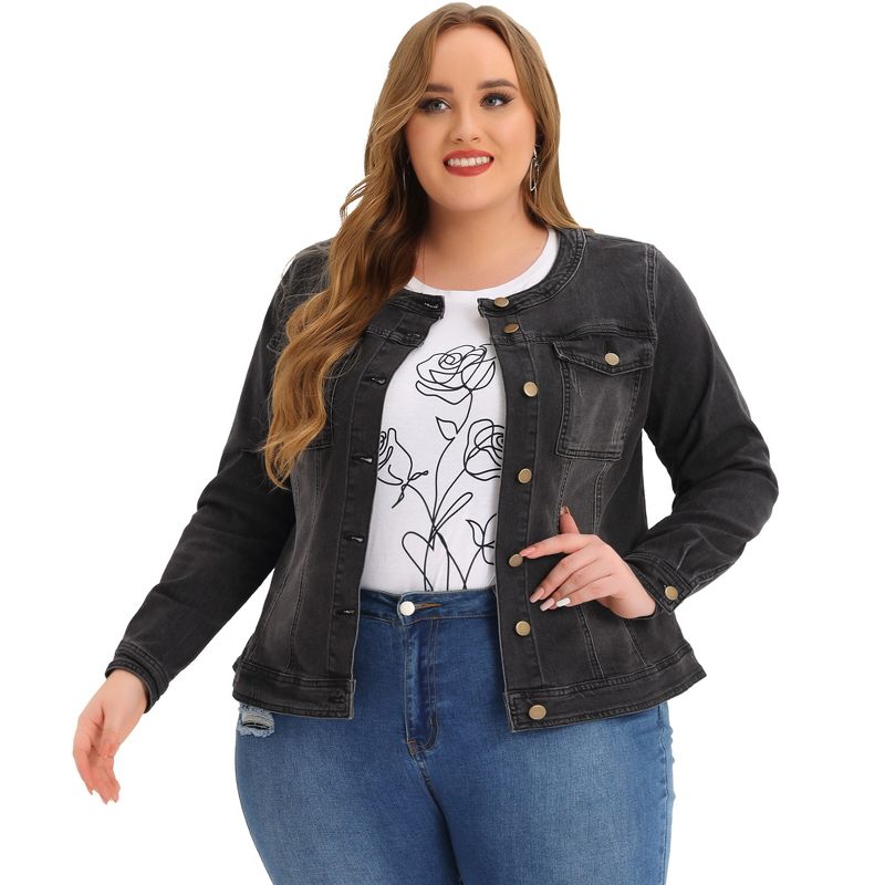 Agnes Orinda Women's Plus Size Long Sleeves Collarless Buttons Denim Jean Jackets, 1 of 7