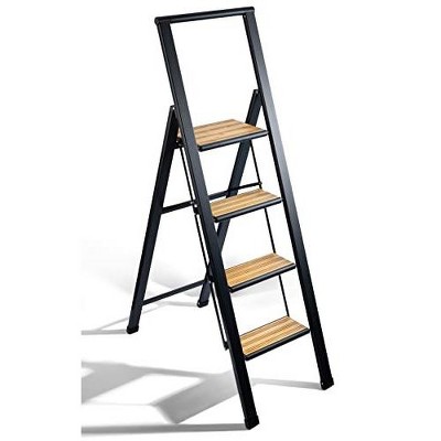 Step Ladder 2 Step Folding, Decorative - Beautiful Bamboo & cheapest Black Aluminum, Ligh