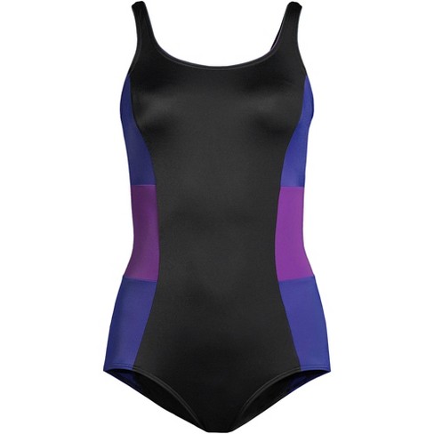 Lands' End Women's Long Chlorine Resistant Scoop Neck Soft Cup Tugless  Sporty One Piece Swimsuit - 6 - Black/Purple Grape