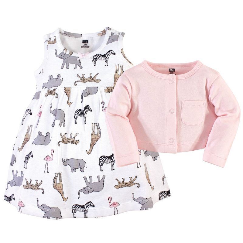Hudson Baby Infant and Toddler Girl Cotton Dress and Cardigan 2pc Set, Modern Pink Safari, 4 of 5