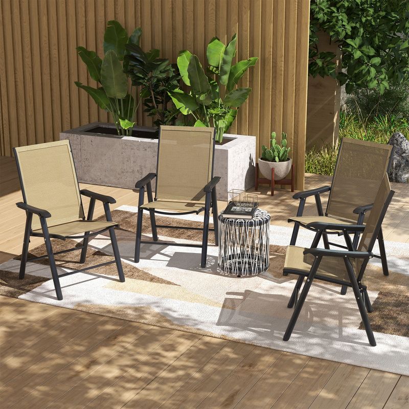 Outsunny Set of 4 Patio Folding Chairs, Stackable Outdoor Sling Chairs with Armrests for Lawn, Camping, Dining, Beach, Metal Frame, Light Brown, 2 of 7