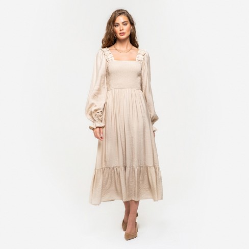 August Sky Women's Smocked Square Neck Long Sleeve Tiered Midi