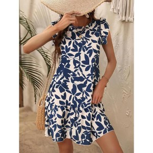 Coolmee Women Summer Mini Dress Ruffle Cap Sleeve Floral Print Crewneck Babydoll Short Sundress L Blue print - 1 of 4