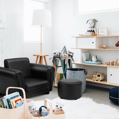 Black Faux Leather Kids Armchair with Ottoman