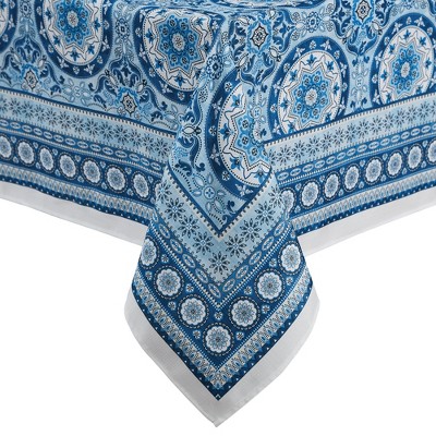 Elrene Vietri Medallion Blue Block Print Stain & Water Resistant Indoor/Outdoor Tablecloth - Elrene Home Fashions