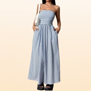high waisted sun dress EadianDree Womens Striped Maxi Dress Strapless Pleated High Waist Smocked  Back Sleeveless Flowy Length Swing Sun Dress with Pockets : Target