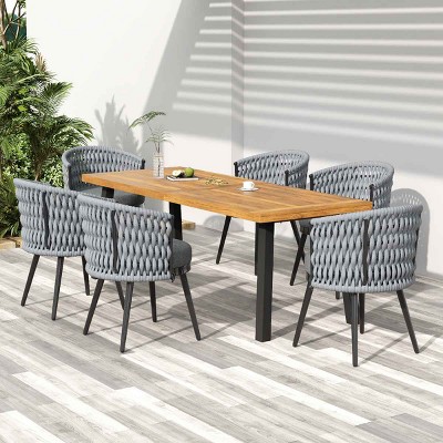 7 PCS Outdoor Dining Set with Acacia Wood Table, Dining Chair with Handwoven Rope and Backrest, Dining Chair with Metal Frame-Coolbibila