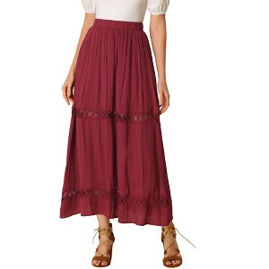 Allegra K Women's Lace Insert Vintage Swing A-Line with Elastic Waist Maxi Skirt - 1 of 4