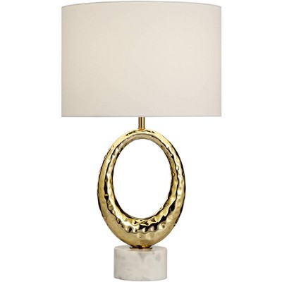 Possini Euro Design Elliptical Modern Table Lamp 27 1/2" Tall Sculptural Gold Metal Dimpled Off White Fabric Drum Shade Bedroom Living Room Bedside