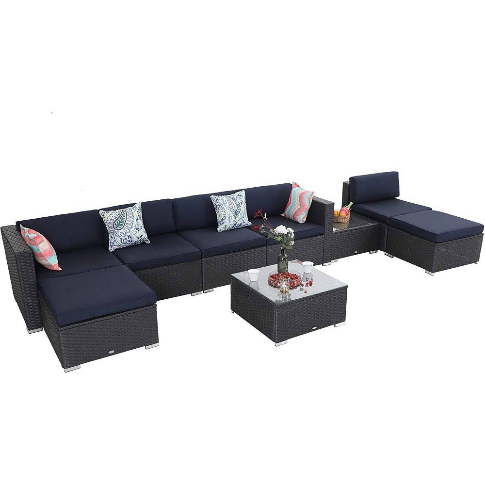 9pc Patio Low Back Rattan Sofa Set Navy Captiva Designs
