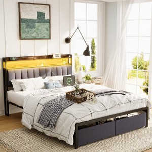 Bed Frame With Storage Headboard, 2 Drawers, Charging Station LED Upholstered Bed Frame, No Box Spring Needed Platform Bed Frame - 1 of 4