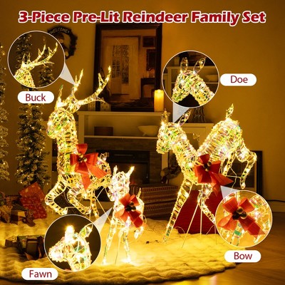 Warm White LED Lighted Reindeer Family Set with Red Bows