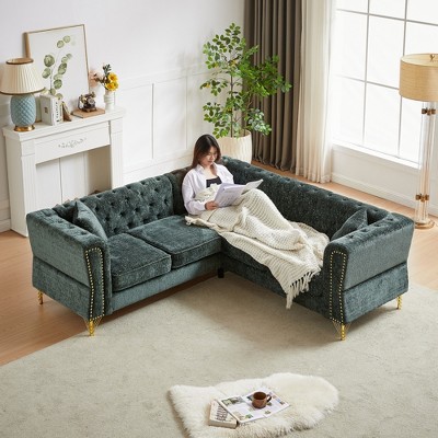 81.5" Chenille Classic Chesterfield L-Shaped Corner Sectional Sofa, 5-Seater Couch with Nailhead Trim, Tufted Cushions