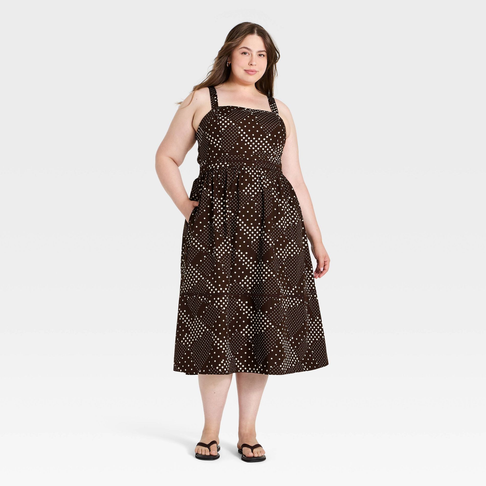 Women's Smocked Poplin Midi Dress - A New Day™ Brown Dot XXL