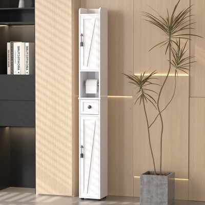 VECELO Tall Bathroom Cabinet Slim Narrow Storage Cabinet Linen Tower with 2 Doors and 1 Drawer Floor Cabinet with Adjustable Shelves, White