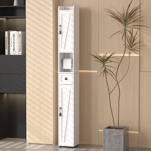VECELO Tall Bathroom Cabinet Slim Narrow Storage Cabinet Linen Tower with 2 Doors and 1 Drawer Floor Cabinet with Adjustable Shelves, White - 1 of 4
