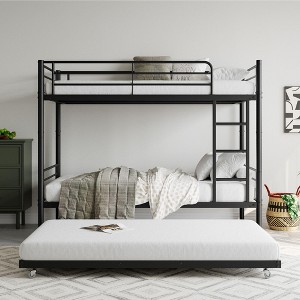 Twin Bunk Bed with Trundle Metal Bunkbeds with Ladder and Full-Length Guardrail, Noise Free, No Box Spring Needed, Black - 1 of 4