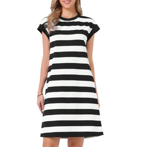 Женские платья INSPIRE CHIC Women's Striped Crew Neck Cap Sleeve Color Block Casual Summer Shift Mini Dresses Small Black and White