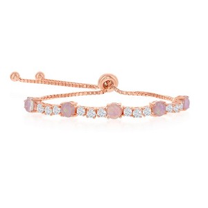 Opalata Sterling Silver Alternating Four-Prong CZ & Pink Opal Adjustable Bolo Bracelet - Rose Gold Plated - Rose - 10 Inch - 1 of 2