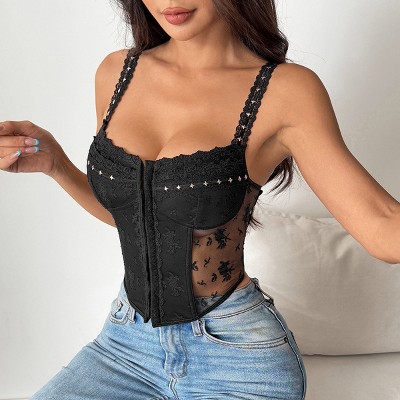 Women's See Through Corset Crop Top Lace Sheer Cami Bustier Spaghetti Strap Sexy Tops
