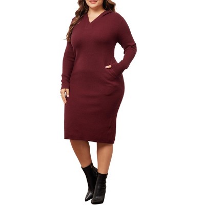 Agnes Orinda Women's Plus Size  V Neck Long Sleeve Knit Midi Pullover Hooded Sweater Dresses