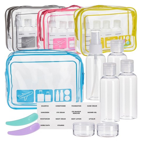Okuna Outpost Set of 4 TSA Clear Toiletry Bags with Empty TSA Approved Travel Containers for Packing, Assorted Colors, Size: 7.5 x 2.5 x 5.5