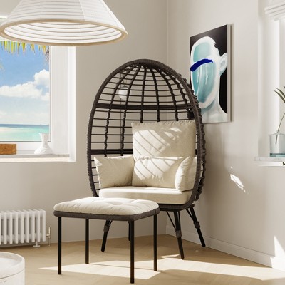 Bigget Outdoor Steel Rattan Patio Egg Lounge Chair, Beige
