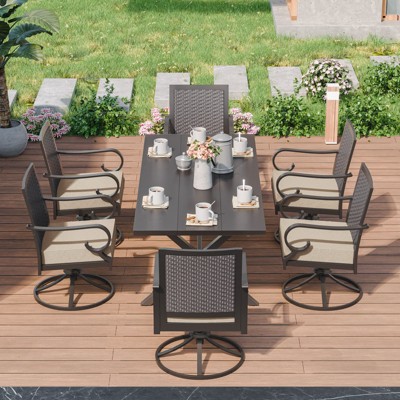 ALAULM 7-Piece Balcony Dining Set Outdoor Furniture, includes 6 rattan rocking chairs and a large metal dining table with umbrella hole, sand.