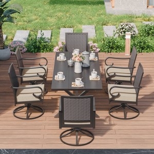 ALAULM 7-Piece Balcony Dining Set Outdoor Furniture, includes 6 rattan rocking chairs and a large metal dining table with umbrella hole, sand. - 1 of 4