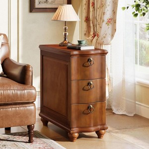 Tribesigns Wood Fully Assembled End Table, 3-Drawers Narrow Slim Side Table, Nightstand for Bedside, Small Spaces, Living Room, Bedroom, Walnut Brown - 1 of 4