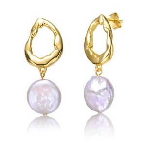 Guili Sterling Silver 14K Yellow Gold Plated Earrings with White Coin Freshwater Pearl, Featuring Twisted Halo Circle Dangle Drop Design - 1 of 2