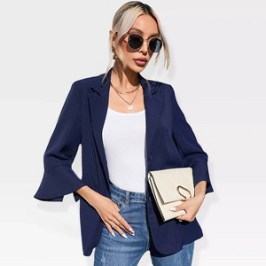 Womens 3/4 Sleeve Casual Blazer Lightweight Jacket with Ruffle Sleeve Open Front Plaid Longline Blazer Jacket Notched Lapel Womens Blazer Cardigan - 1 of 4
